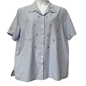 Monterey Koret Blue Short Sleeve Button Up Shirt Embroidered Butterflies 20W 2X